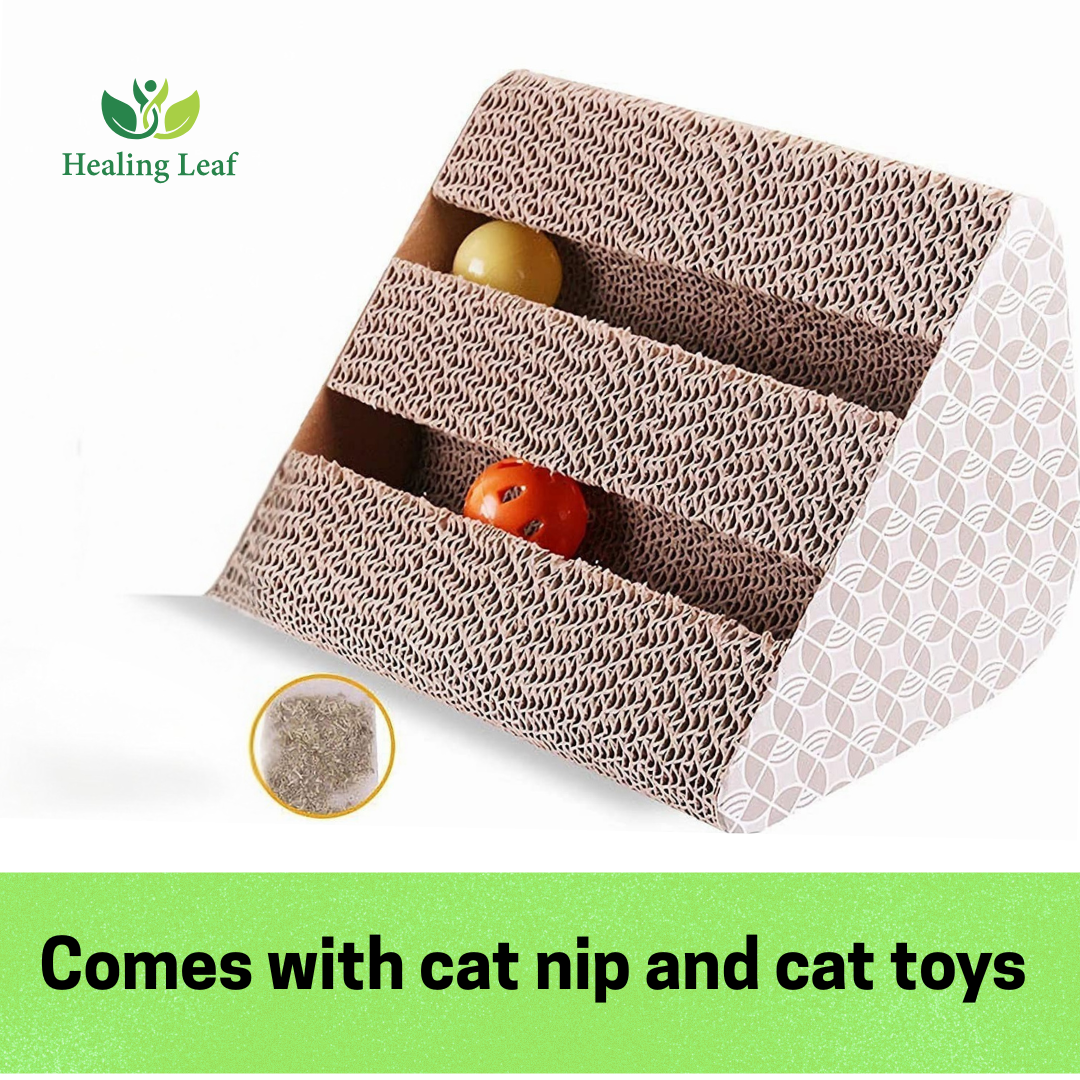 Healing Leaf Cat Scratcher Cardboard 2 in 1 Reversible Scratching Pad Recyclable Corrugated Scratch Toy with Wave Shape (Triangle Sctraching Pad with Balls)