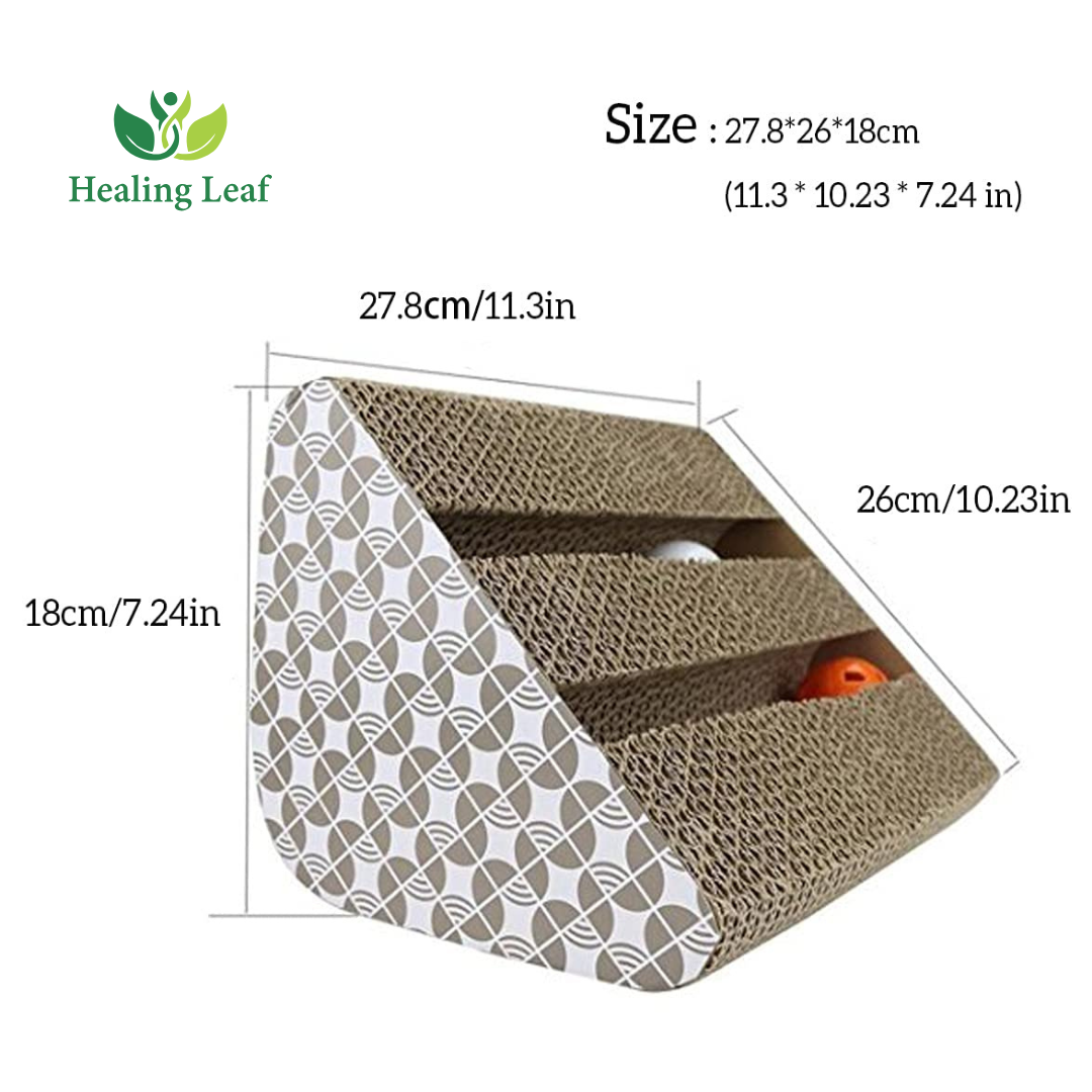 Healing Leaf Cat Scratcher Cardboard 2 in 1 Reversible Scratching Pad Recyclable Corrugated Scratch Toy with Wave Shape (Triangle Sctraching Pad with Balls)