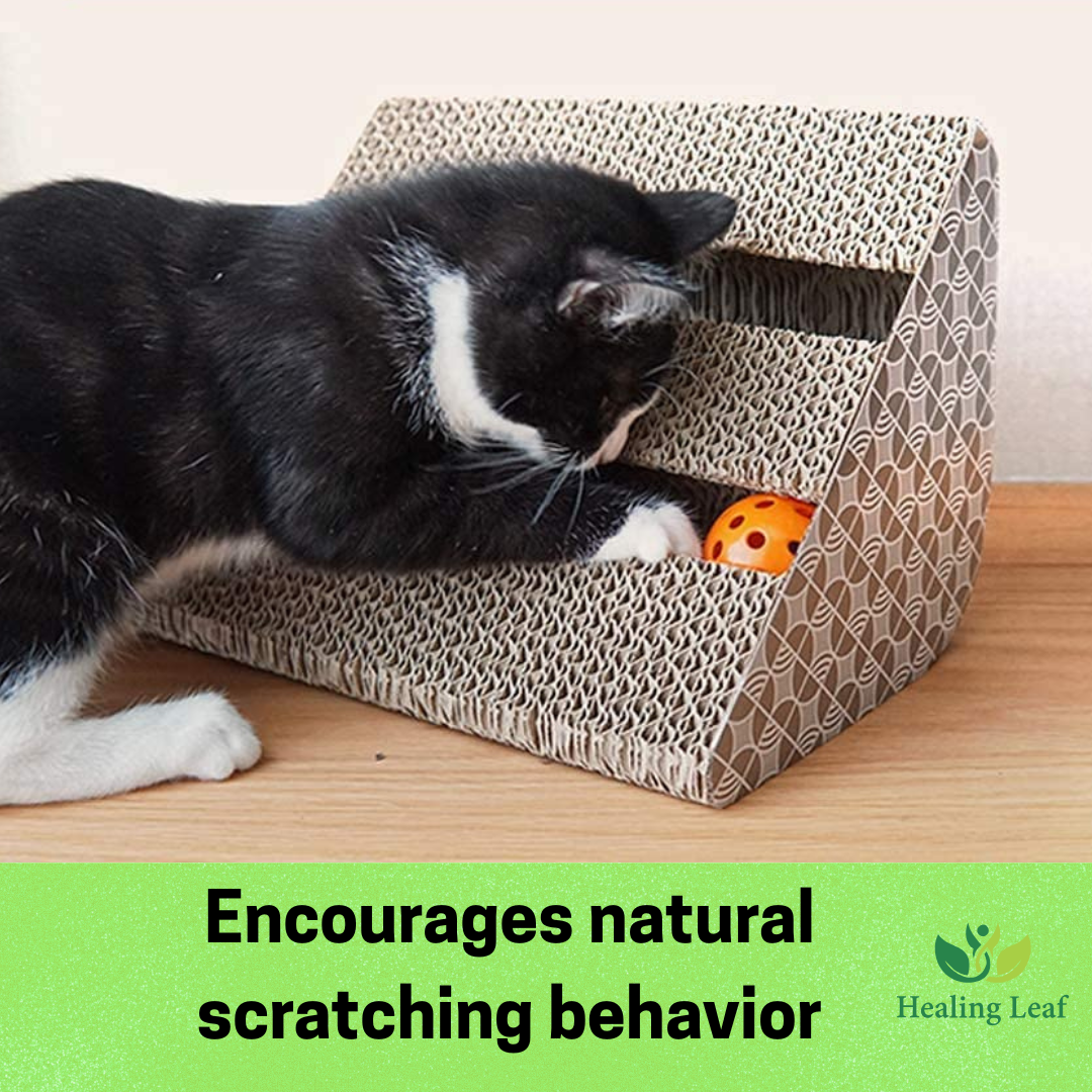 Healing Leaf Cat Scratcher Cardboard 2 in 1 Reversible Scratching Pad Recyclable Corrugated Scratch Toy with Wave Shape (Triangle Sctraching Pad with Balls)