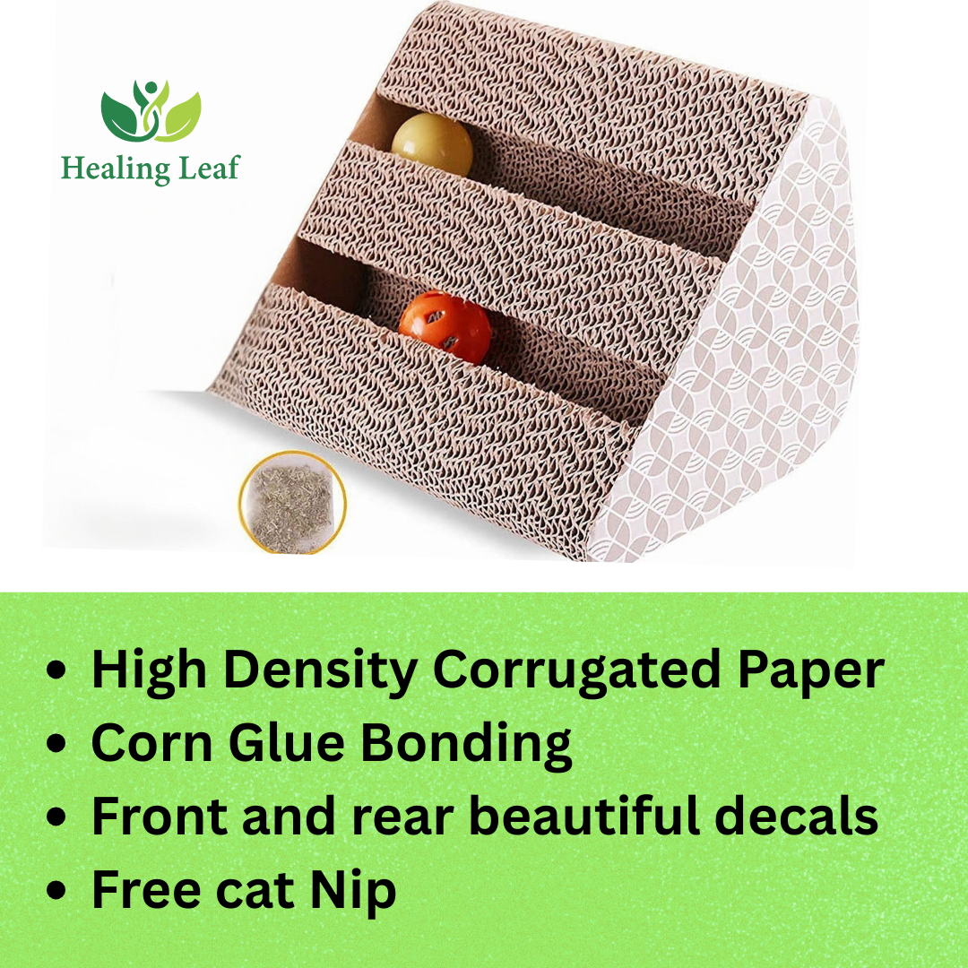 Healing Leaf Cat Scratcher Cardboard 2 in 1 Reversible Scratching Pad Recyclable Corrugated Scratch Toy with Wave Shape (Triangle Sctraching Pad with Balls)