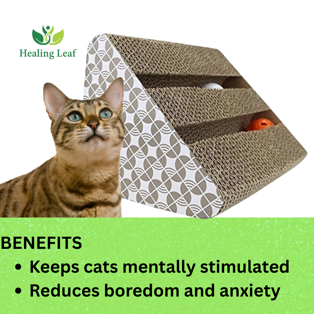 Healing Leaf Cat Scratcher Cardboard 2 in 1 Reversible Scratching Pad Recyclable Corrugated Scratch Toy with Wave Shape (Triangle Sctraching Pad with Balls)
