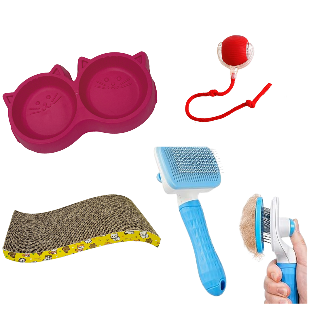 Combo of four ( slicker bush, wave scratching mat, Interactive ball and Cat dual bowl )