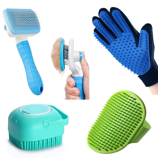 combo of 4 (slicker brush gloves shampoo and rubber brush )