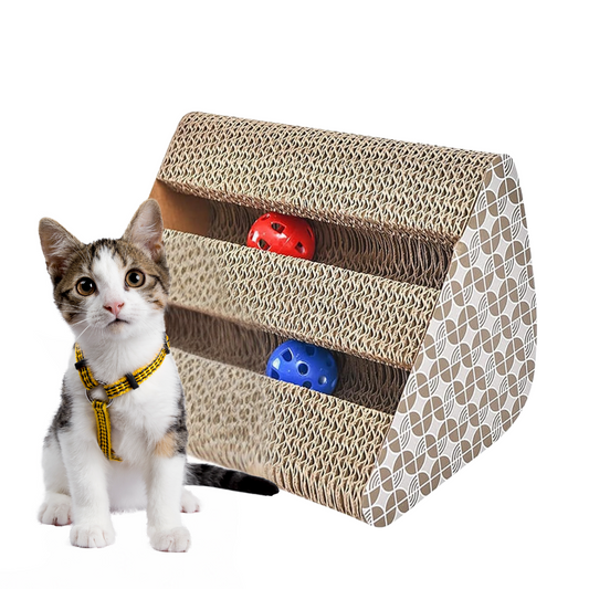 Healing Leaf Cat Scratcher Cardboard 2 in 1 Reversible Scratching Pad Recyclable Corrugated Scratch Toy with Wave Shape (Triangle Sctraching Pad with Balls)